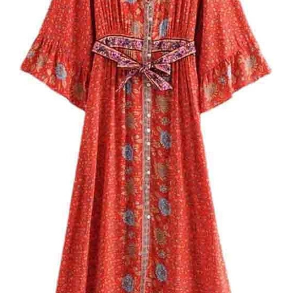 Bohemian Red Dress with Floral Accents